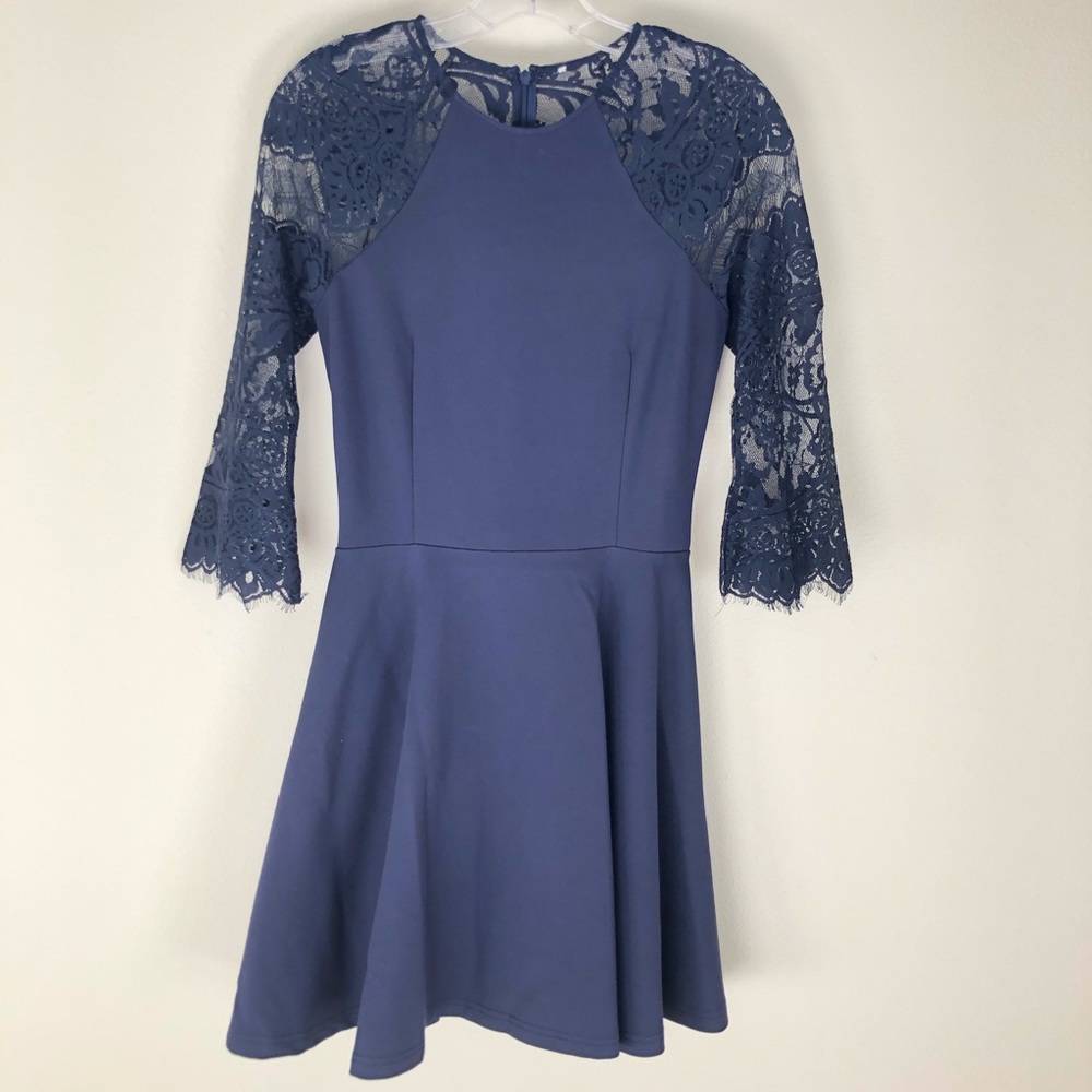 Navy Blue Long Sleeve Dress w/ Lace Arms, Back